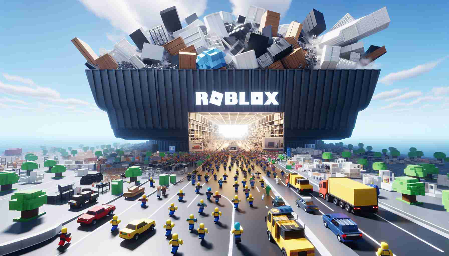 Generate a hyper-realistic HD image of a colossal Swedish furniture retailer, renowned for its minimalist designs, venturing into the virtual world of a popular online platform that enables users to design and interact in 3D environments, similar to Roblox. The interaction should truly illustrate a creative fusion of real-world merchandise in aspects of gaming and virtual reality.