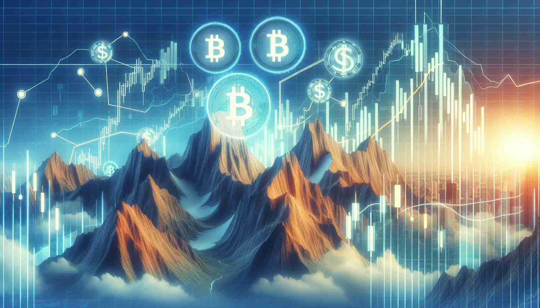 Generate a detailed, realistic high-definition image showcasing a concept. This concept is the potential peak of Bitcoin's market according to its connection and potential correlation with the S&P. The scenery could include towering peaks to represent the heights of the market, charts and graphics resembling that of financial analyses. Use symbols for Bitcoin and S&P 500 tastefully arranged on these graphical representations to portray the link between them.