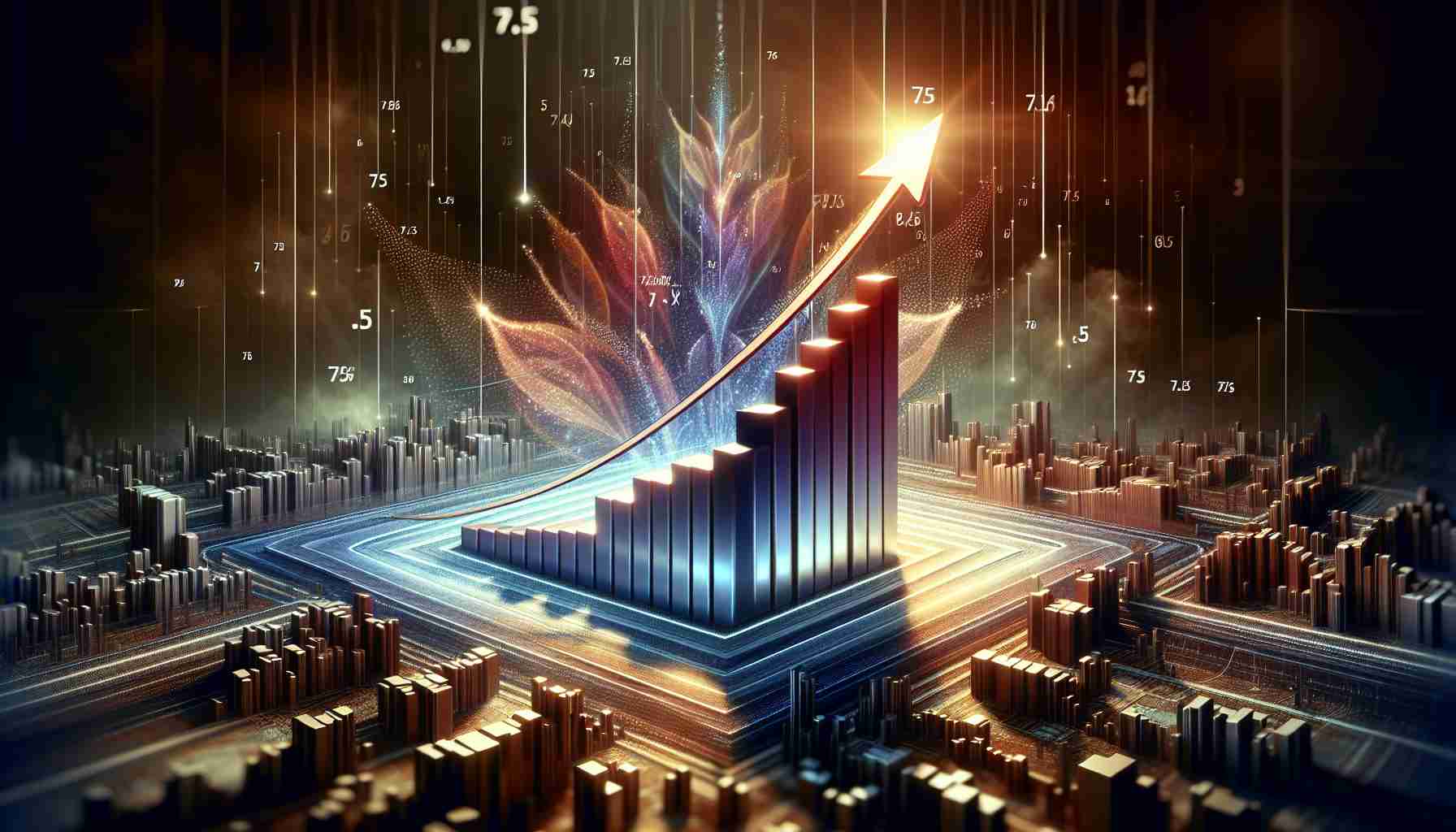 An elaborate and detailed scene that presents a metaphorical representation of 'optimism rising' following a prediction of significant financial growth, symbolized by a bar chart with an upward trend. This is specifically for a currency represented by an abstract sign 'X'. Highly detailed and realistic, the image features the particular moment when the value is anticipated to reach 7.5. Please use rich, saturated colors and smooth textures to convey a sense of optimism and potential. Please exclude any identifiable corporate or branded imagery.