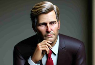 Realistic HD photo of a prominent politician shifting stance on cryptocurrency with a thoughtful expression, possibly considering engagement in a Bitcoin Conference. This person is a mature Caucasian male, with a distinctive hairstyle featuring combed-back light blonde hair, wearing a business suit with a red tie.