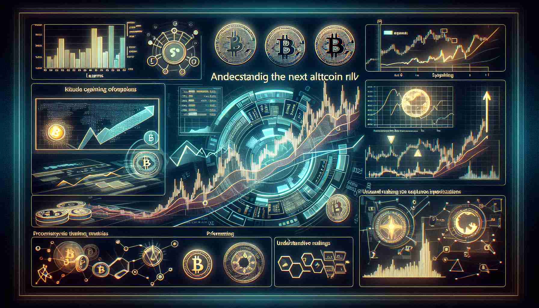 An illustrative diagram showing the trends in the cryptocurrency market. This should demonstrate the anticipatory nature of the next altcoin rally. Include visual representations of various types of altcoins trending upwards, accompanied by charts depicting their performance and future predictions. It should communicate the concept of understanding these trends in a high-definition, realistic manner. The image should encapsulate a learning curve that an investor would need to anticipate the surge in altcoin prices. Please also include related symbols and potentially even equations related to financial market analysis, in a manner that conveys a sense of comprehension and interpretation.