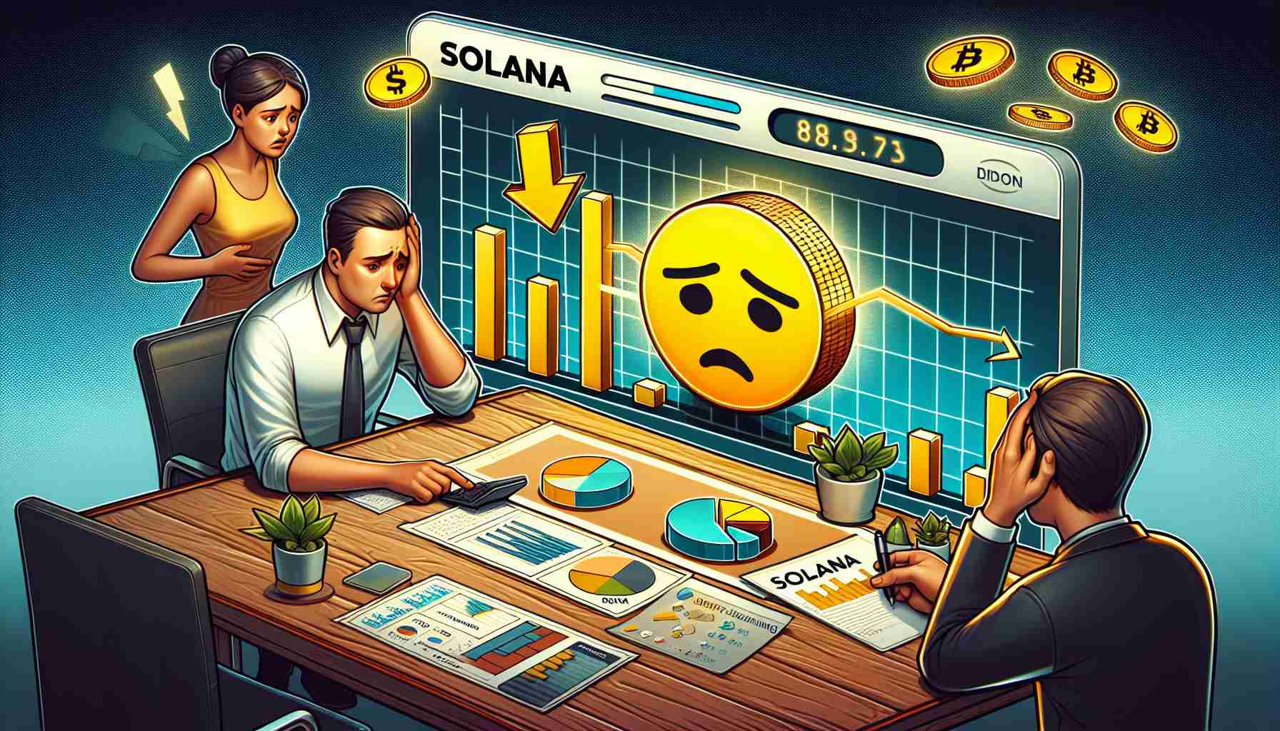 A high-definition image connoting decreased activity in Solana’s cryptocurrency sphere. The visual application might include a representation of the Solana logo dimming, bar graphs and pie charts showing declining interaction, and concerned investors' expressions. All of the representations should look realistic.