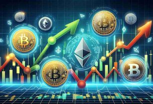 Create an image representing a mixed performance in the cryptocurrency market. The image should include various symbols of well-known cryptocurrencies like Bitcoin, Ethereum, and Litecoin. There should be a balance of green and red arrows symbolizing the rise and fall of prices respectively in a fluctuating market. Include graphs and charts in the background to depict varying trends and values. The overall quality of the image should be high-definition and the depiction should be as realistic as possible.