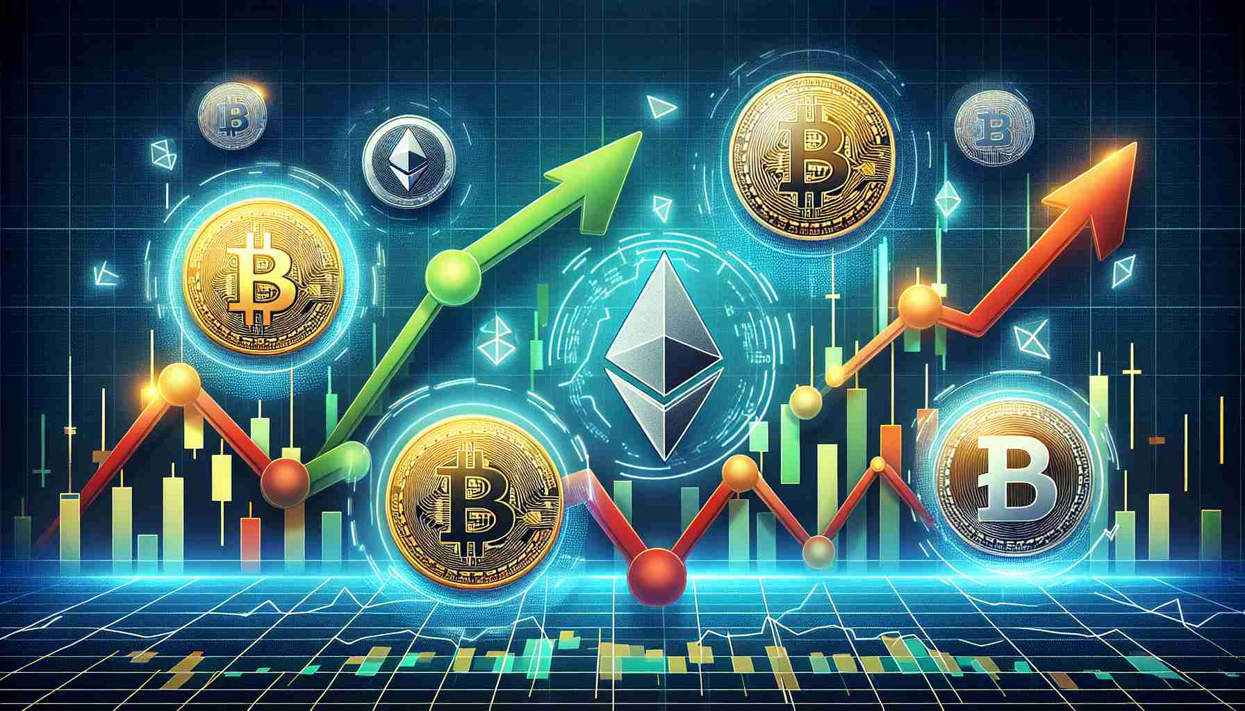 Create an image representing a mixed performance in the cryptocurrency market. The image should include various symbols of well-known cryptocurrencies like Bitcoin, Ethereum, and Litecoin. There should be a balance of green and red arrows symbolizing the rise and fall of prices respectively in a fluctuating market. Include graphs and charts in the background to depict varying trends and values. The overall quality of the image should be high-definition and the depiction should be as realistic as possible.