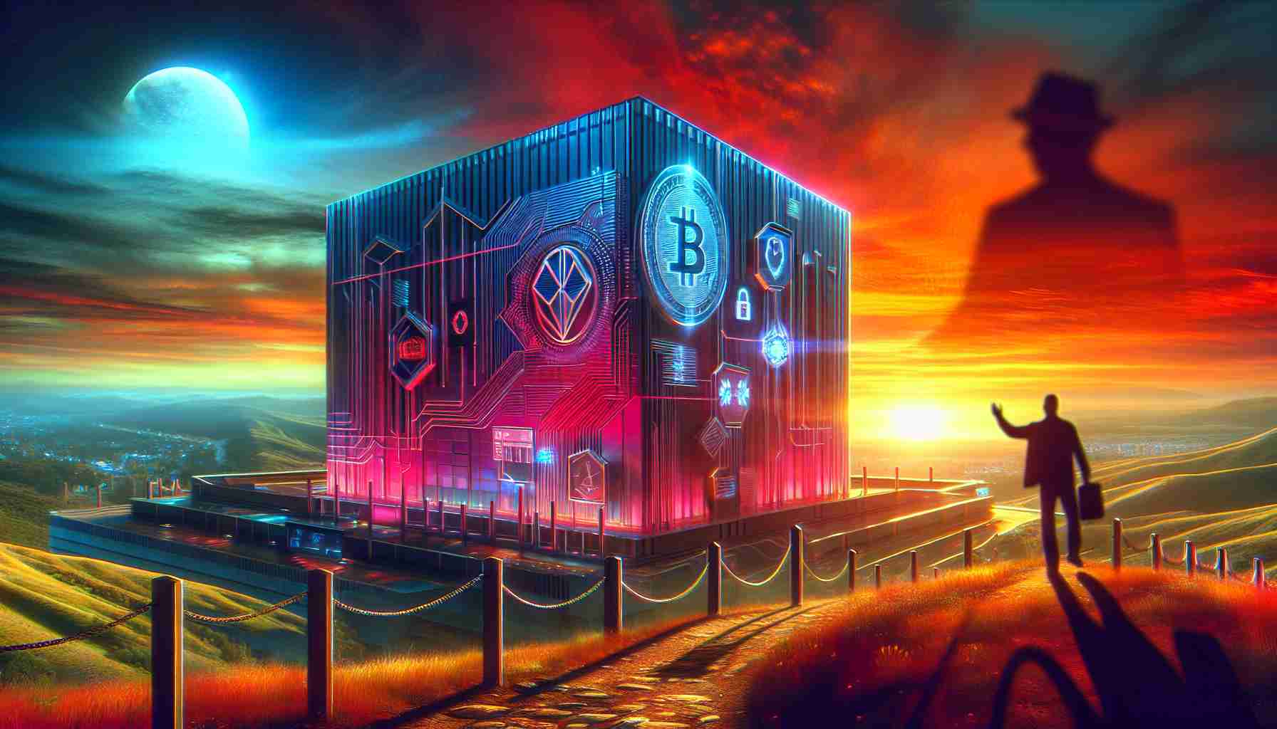 A symbolic representation of the conclusion of a journey for an anonymous individual at a crypto company amidst regulatory scrutiny. Symbolize the individual as a traveler reaching the end of a path, with the setting of a vivid sunset in the background to signify the end. Depict the company as a futuristic building with cryptocurrency symbols subtly etched onto its surfaces. Add a looming shadow of an authoritative figure representing the regulatory scrutiny. Maintain a realistic HD quality throughout the image, filled with rich details and sharp lines.