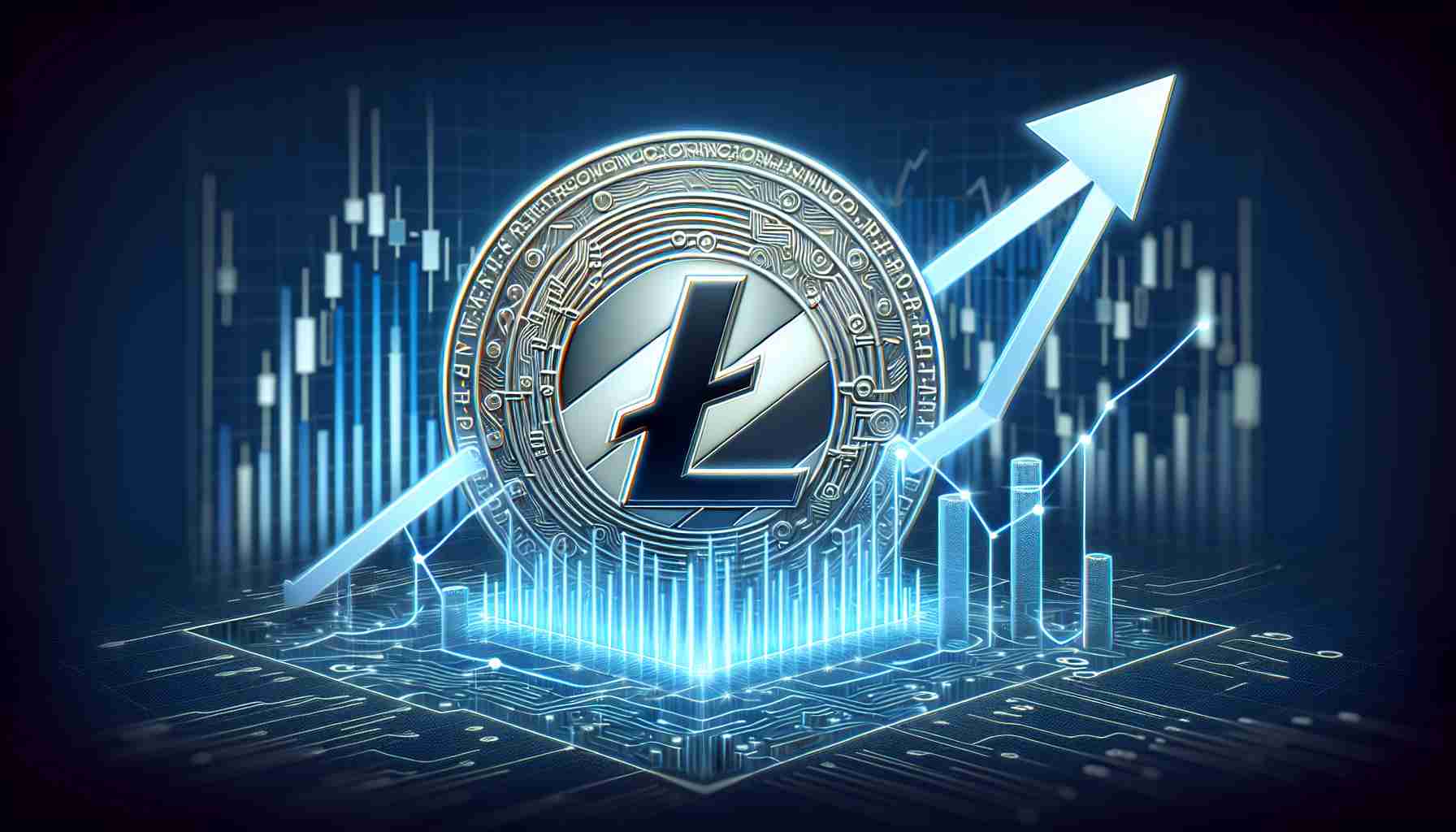 Create a high-definition, realistic image that symbolizes the rising network activity of the cryptocurrency Litecoin. It should visually depict the concept of a potential price surge. This could be represented by a graph or chart showing an upward trend, with Litecoin's symbol prominently featured.