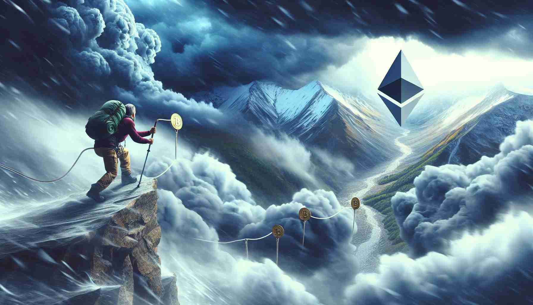 Create a high-definition, realistic image symbolizing the Ethereum cryptocurrency battling downward pressure. The scene to be depicted could be represented by a visual metaphor: a mountain climber, meant to symbolize Ethereum, struggling against the high winds and adverse weather conditions representing the downward financial pressure. Meanwhile, thick clouds are forming around specific points on the mountain path, denoting looming key support levels.