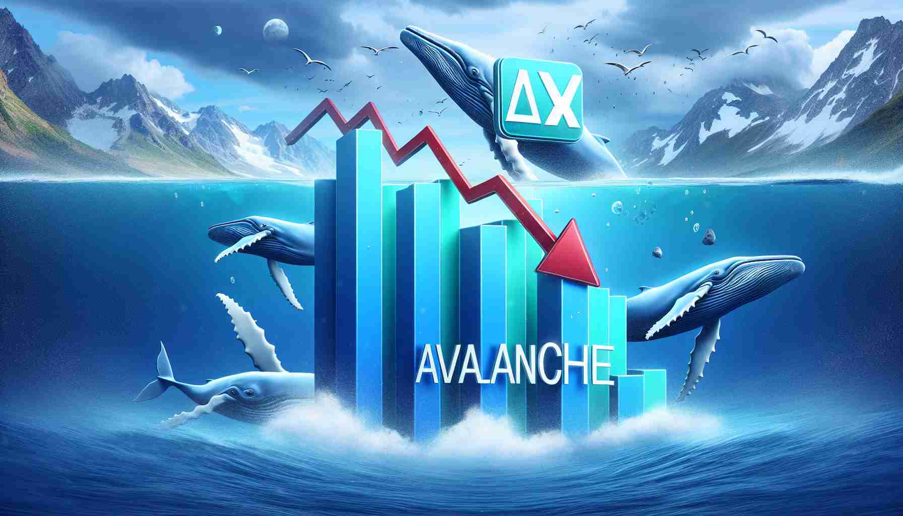 Illustrative image of a falling bar graph accompanied by a logo that signifies Avalanche's AVAX value, set against a backdrop of an ocean scene depicting whales displaying unusual activity. The image is in high-definition and should have a realistic look.