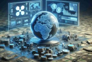 A high-definition, realistic portrayal showcasing the conceptual future of banking operations facilitated by the use of Ripple's XRP. This could include digital visual representations of transactions, money flow globally, and the integration of the blockchain technology in financial services. The whole scene should give a glimpse into an advanced, secure and efficient banking future.