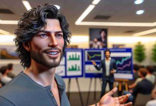 A highly detailed, realistic image of a Caucasian male celebrity who is known for his skills in football, engaging in a lively discussion about Cryptocurrency. The setting is a brightly lit room, with standees and presentation charts related to Cryptocurrency in the background. The man has a captivating smile on his face, medium-length curly dark hair, and is wearing a casual shirt. He stands with confidence, gesturing with enthusiasm as he discusses the topic.