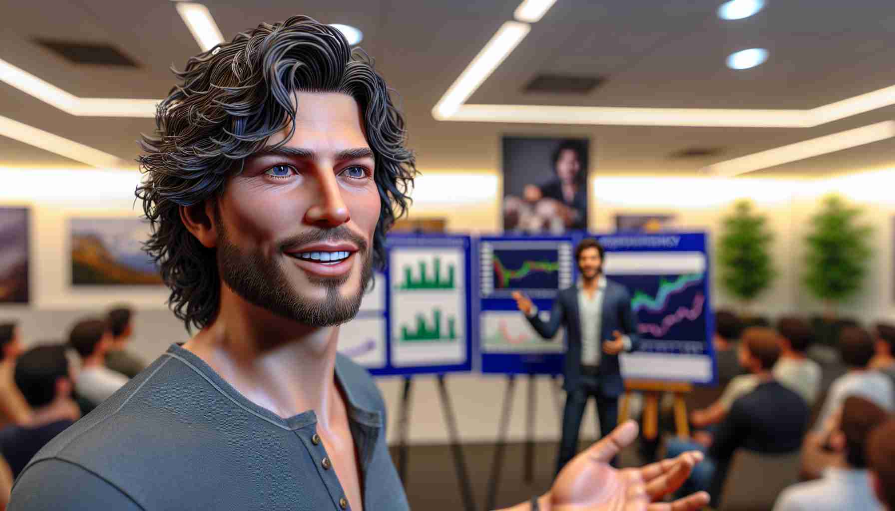 A highly detailed, realistic image of a Caucasian male celebrity who is known for his skills in football, engaging in a lively discussion about Cryptocurrency. The setting is a brightly lit room, with standees and presentation charts related to Cryptocurrency in the background. The man has a captivating smile on his face, medium-length curly dark hair, and is wearing a casual shirt. He stands with confidence, gesturing with enthusiasm as he discusses the topic.