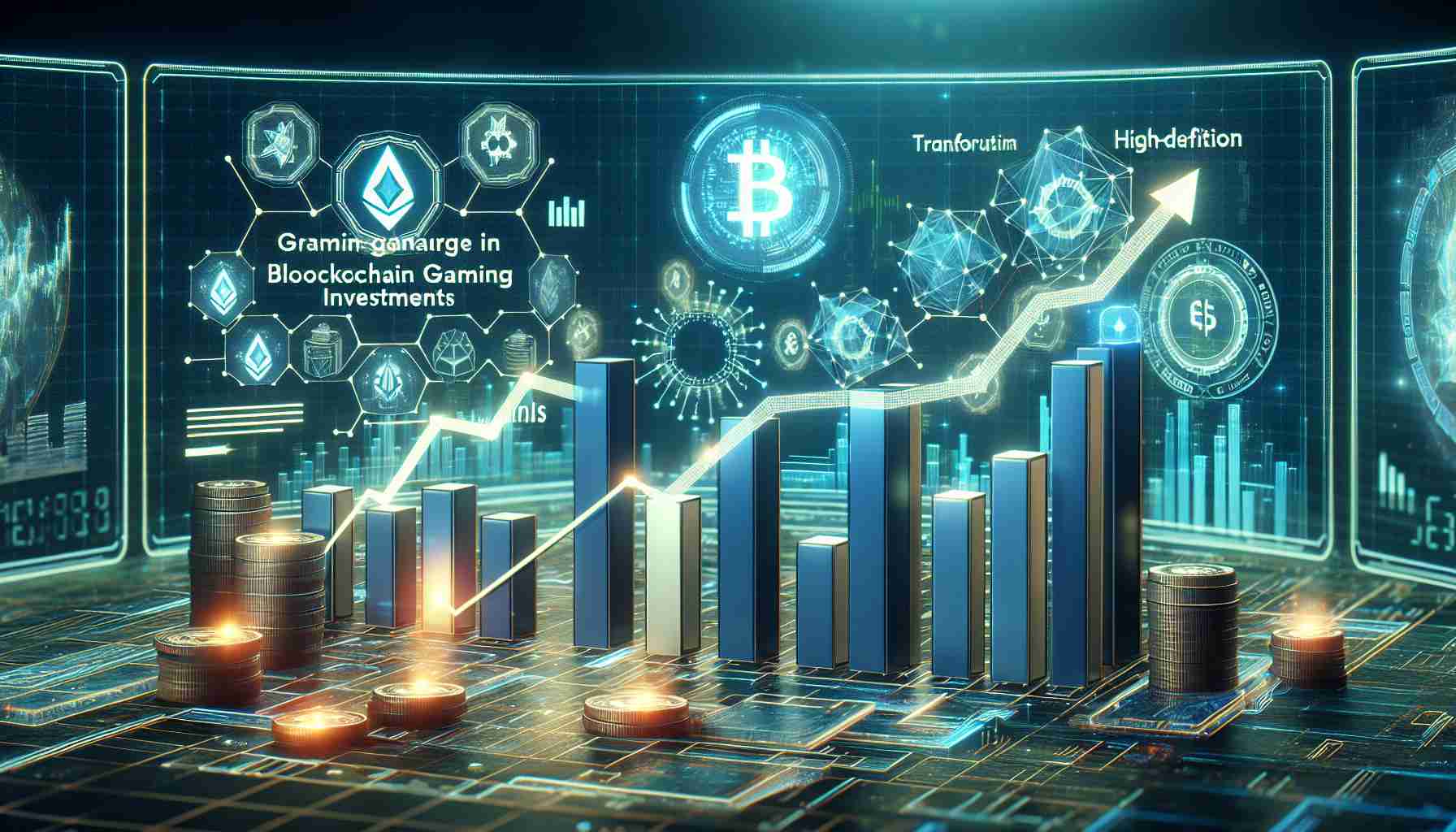 A visualization of the surge in blockchain gaming investments indicating a transformative change in the industry. Features bar graphs and line charts prominently displaying a rise in investment funds within a futuristic high-definition setting. Incorporate blockchain symbols and gaming icons to convey the industry fusion. The charts should be detailed and in high resolution.