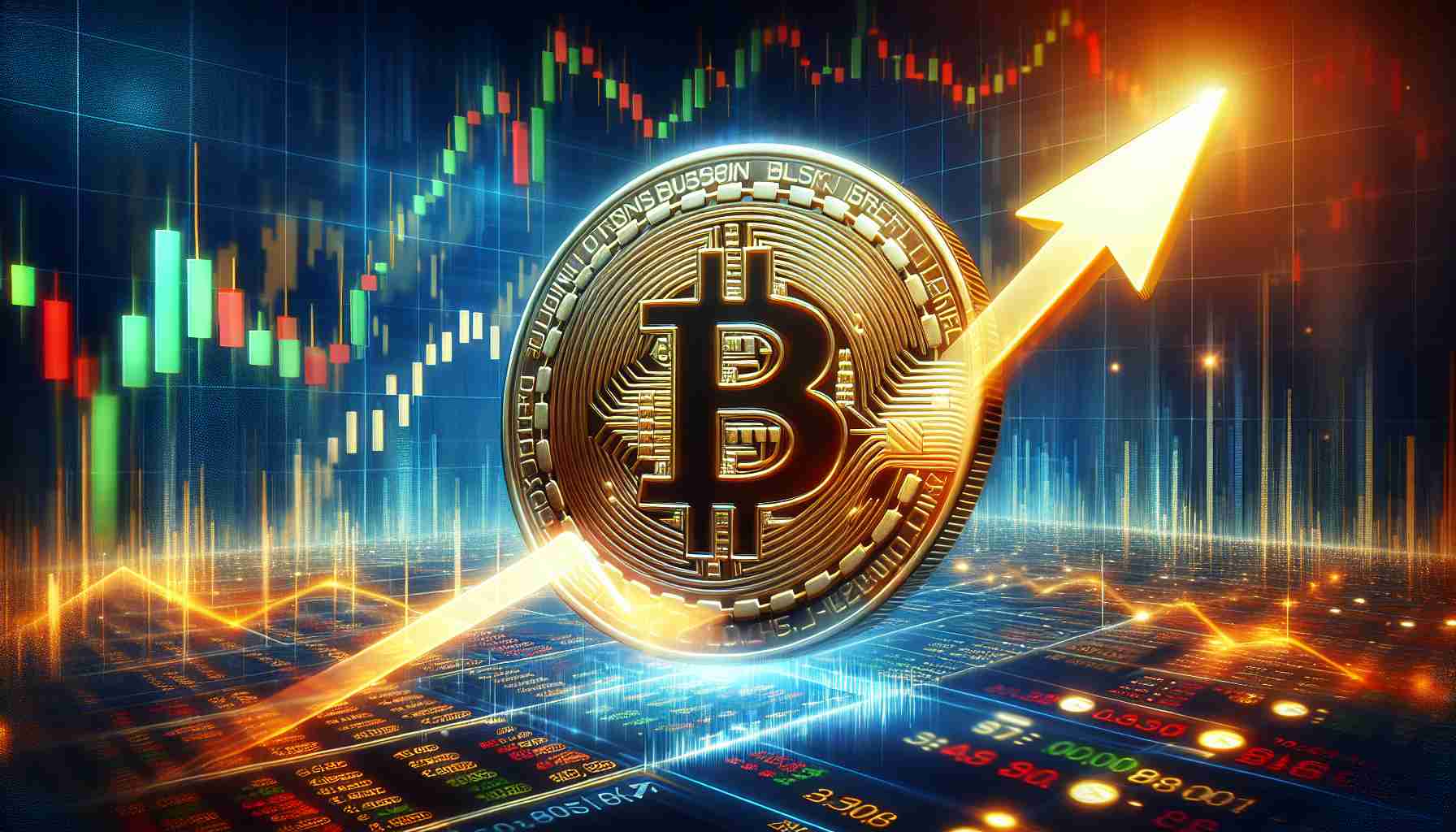 Render a realistic high-definition image reflecting the concept of Bitcoin's potential bullish breakout amid market uncertainty. This can be interpreted as a coin with a Bitcoin logo ascending rapidly on a background of a chaotic stock market chart with unpredictable fluctuations.