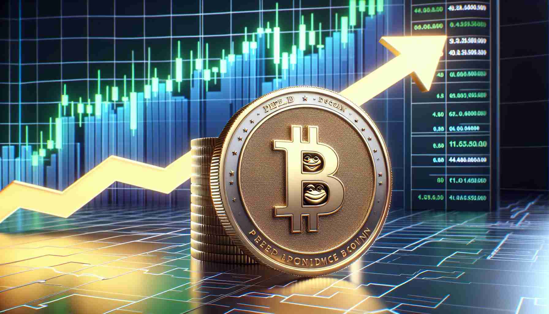 A high definition, realistic financial market scene showing a hypothetical cryptocurrency named Pepe Coin. Display the coin against a background of a graph with an upward trend, indicating a bullish pattern formation. The coin should be detailed, appearing shiny and valuable, poised for an uptick in value.