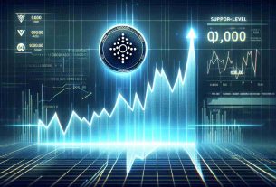 Illustration of Cardano's (ADA) cryptocurrency value ascending, depicted in a realistic style. The imagery is overlaid with a chart showing the upturn in value. Depict the graph spike prominently at the point of 'support-level encounter'. Make sure this point is clearly highlighted. The overall style is sleek and modern, with hints of technology like binary code and futuristic infographics surrounding the central graph. No person or facial depiction should be involved.