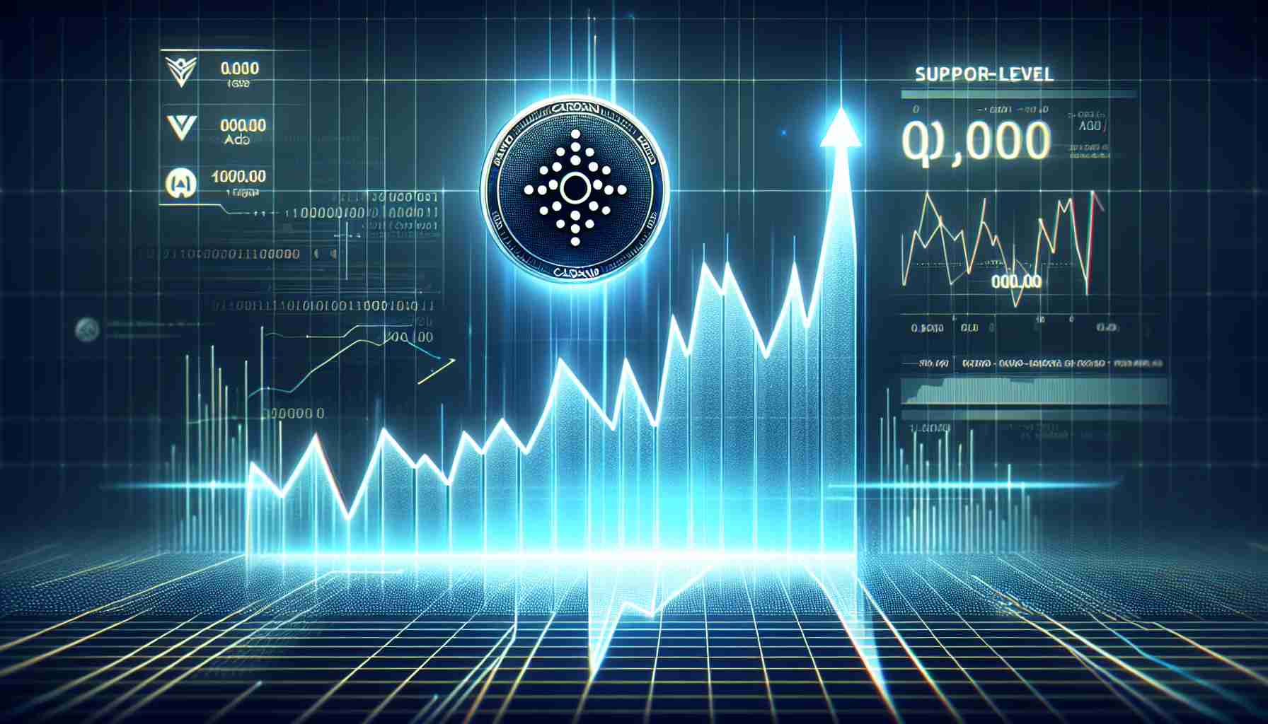 Illustration of Cardano's (ADA) cryptocurrency value ascending, depicted in a realistic style. The imagery is overlaid with a chart showing the upturn in value. Depict the graph spike prominently at the point of 'support-level encounter'. Make sure this point is clearly highlighted. The overall style is sleek and modern, with hints of technology like binary code and futuristic infographics surrounding the central graph. No person or facial depiction should be involved.