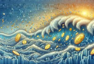 Visualize a detailed and realistic high-definition photo that metaphorically represents a huge wave of cryptocurrency options expiring. The photo should symbolically show this event causing turbulence and activity within the market. This may be depicted by featuring digital currencies like Bitcoin and Ethereum bouncing and fluctuating in an ocean of digits and codes to demonstrate the market's volatility.