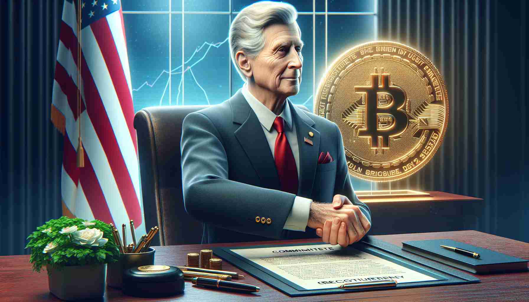 Realistic HD image of a distinguished politician committing to revive cryptocurrency under their administration