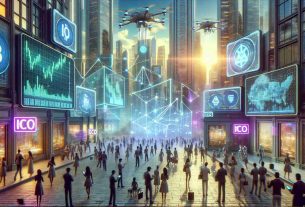 An advanced, hyper-realistic depiction capturing the convergence of cryptocurrency and artificial intelligence in the future economy. Imagine a scene filled with futuristic cityscapes, dotted with towering holographic screens displaying fluctuating digital currency graphs, neon ICO (Initial Coin Offering) signs, and AI controlled finance. High-tech drones fly above, performing automated tasks, while diverse individuals of various descents and genders walk on the streets, immersed in their handheld devices, making transactions, investing, and managing their digital portfolio. They stand against the backdrop of a digital realm converging with the tangible infrastructure.