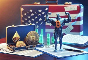 A high-definition, realistic image portraying the concept of cryptocurrency industry's influence in politics. The scene depicts a symbolic representation of digital currency, such as Bitcoin, Ethereum symbols in a strong, flexing pose. Placed next to them, documents indicating Super PAC investments, perhaps paperwork or a briefcase overflowing with investment plans or proposals.