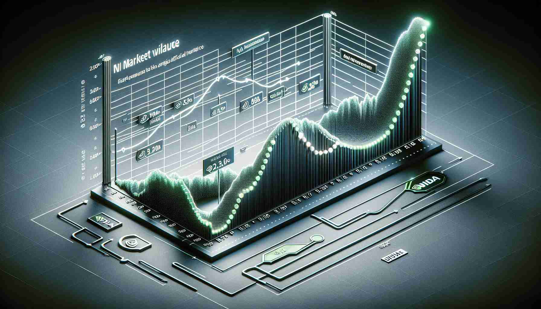 An infographic illustrating the volatility of Nvidia's market value in relation to the fast-paced demand for Artificial Intelligence technology. The image shows a line graph with fluctuating heights and dips signifying Nvidia's changing market value over time. Labels or markers along the graph display significant events tied to AI demand. The graph resides on a sleek, modern background with potential decorative elements related to technology and finance.