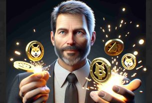 HD, realistic image of a non-descriptive businessman's supposed influence over a popular digital currency, which is sparking conversation. The businessman is middle-aged, with Caucasian descent, a slightly receding hairline, blue eyes, and a short beard. He holds golden tokens representing the digital currency, which has the symbol of a famous Shiba Inu meme. Sparks fly from the tokens, symbolizing the ongoing debate.