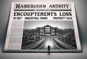 Generate a realistic, high-definition image of a newspaper headline. The headline reads, 'Habersham Development Authority Encounters Loss in Industrial Park Property Sale'. Below the headline, display a subtle, grayscale image of an industrial park with visible 'For Sale' signs. Add an impression of downcast sentiment to represent a downfall.