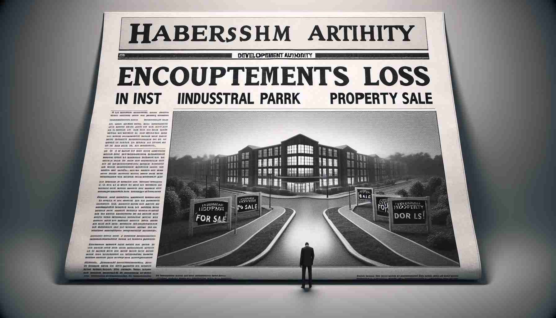 Generate a realistic, high-definition image of a newspaper headline. The headline reads, 'Habersham Development Authority Encounters Loss in Industrial Park Property Sale'. Below the headline, display a subtle, grayscale image of an industrial park with visible 'For Sale' signs. Add an impression of downcast sentiment to represent a downfall.