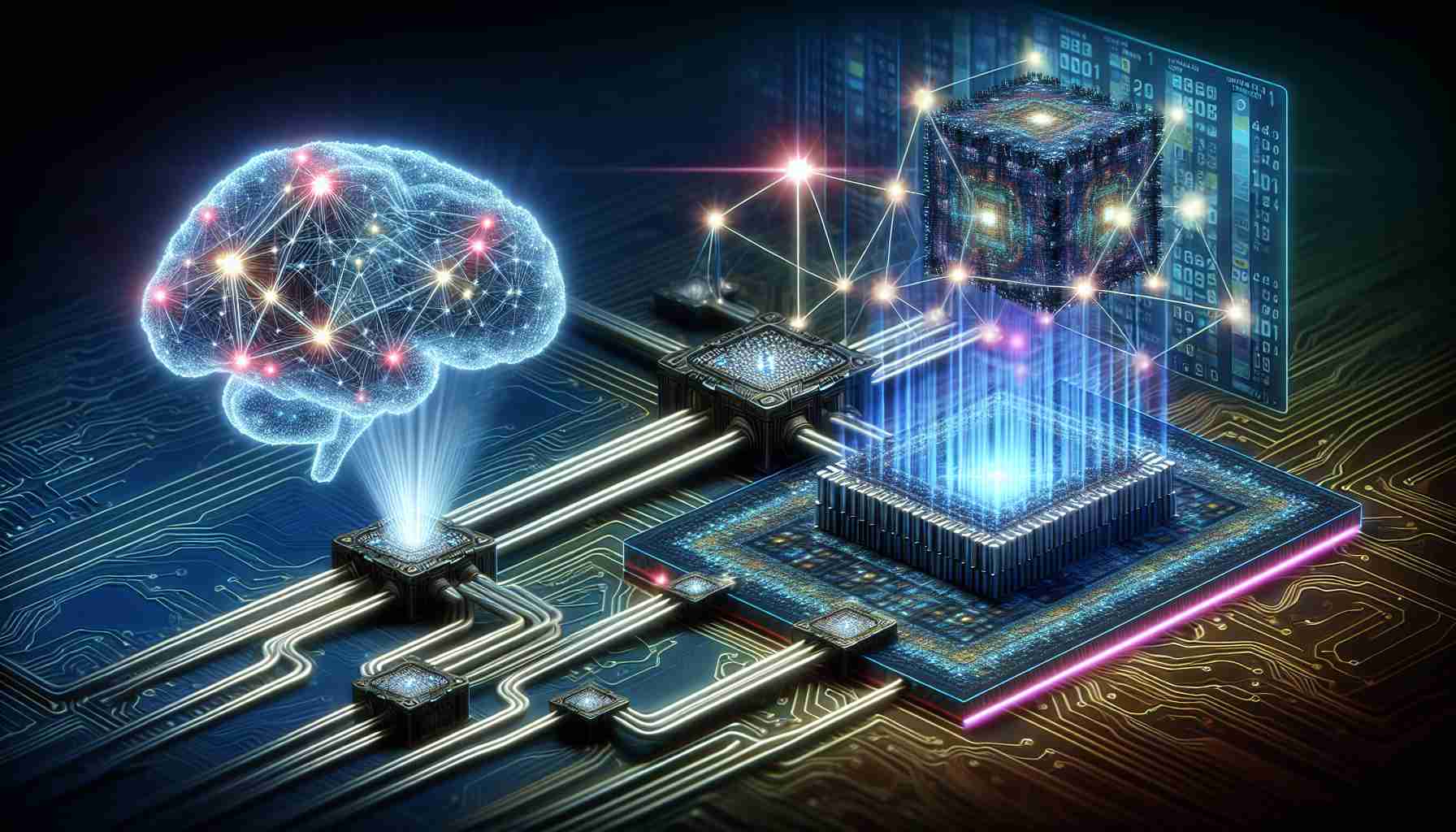 A detailed and high-definition illustration of the concept where Blockchain technology and Artificial Intelligence intersect to revolutionize the process of asset recovery. This could feature an abstract representation of a Blockchain network with its interlinked blocks and nodes, data flowing through it representing unclaimed investments. Nearby, an artificial intelligence engine could be visualized as a complex network of neurons or a futuristic computing device. It processes the Blockchain data to identify and claim these unclaimed assets. The overall scene should communicate advanced technology, innovation, and the transformative impact on the finance sector.