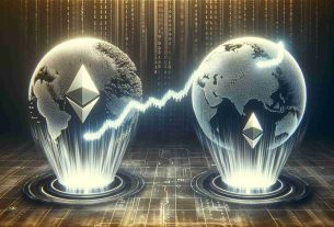 Visualize a realistic, high-definition image that symbolically represents the concept of 'Shifting Crypto Winds'. This should depict the ratio of cryptocurrencies - symbolically represent Ethereum (ETH) and Solana (SOL) in two futuristic, biometric looking digital spheres. The SOL sphere is diminishing or showing a dipping motion while the ETH sphere is ascending or expanding, signifying its anticipation for a supposed ETF. The background should have faint hints of a digital binary code matrix, faintly hinting at the atmosphere of the crypto world.