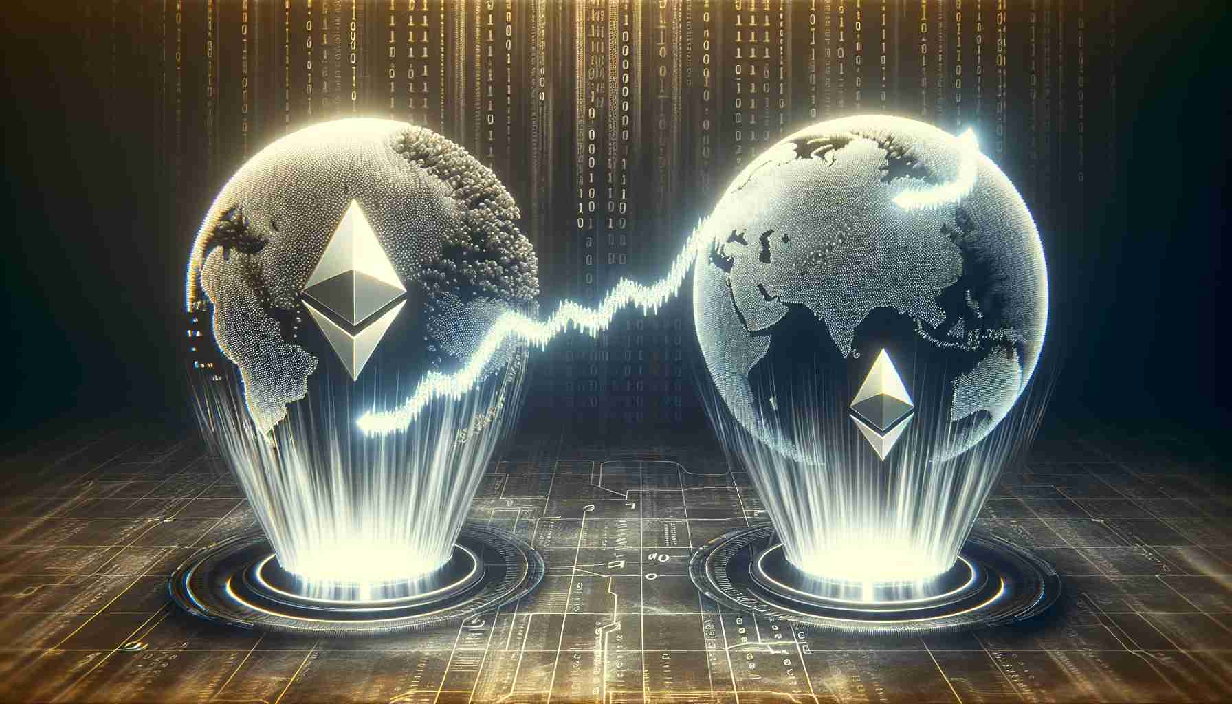 Visualize a realistic, high-definition image that symbolically represents the concept of 'Shifting Crypto Winds'. This should depict the ratio of cryptocurrencies - symbolically represent Ethereum (ETH) and Solana (SOL) in two futuristic, biometric looking digital spheres. The SOL sphere is diminishing or showing a dipping motion while the ETH sphere is ascending or expanding, signifying its anticipation for a supposed ETF. The background should have faint hints of a digital binary code matrix, faintly hinting at the atmosphere of the crypto world.