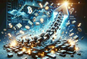 Produce a hyperrealistic, HD image illustrating the metaphorical concept of explosive growth in the context of blockchain technology being applied to the financial sector. The scene could feature a large, shiny, beautiful chain made of blocks, each representing a different financial institution or transaction, growing out of a stylized wall street or generic financial district. The chain would be twisting and turning dramatically, upward and outward, indicating rapid growth. Include symbols of finance such as stock market graphs, numbers, currencies, and pictograms of banks to suggest the financial context. The overall vibe should communicate a sense of excitement, dynamism, and forward momentum.