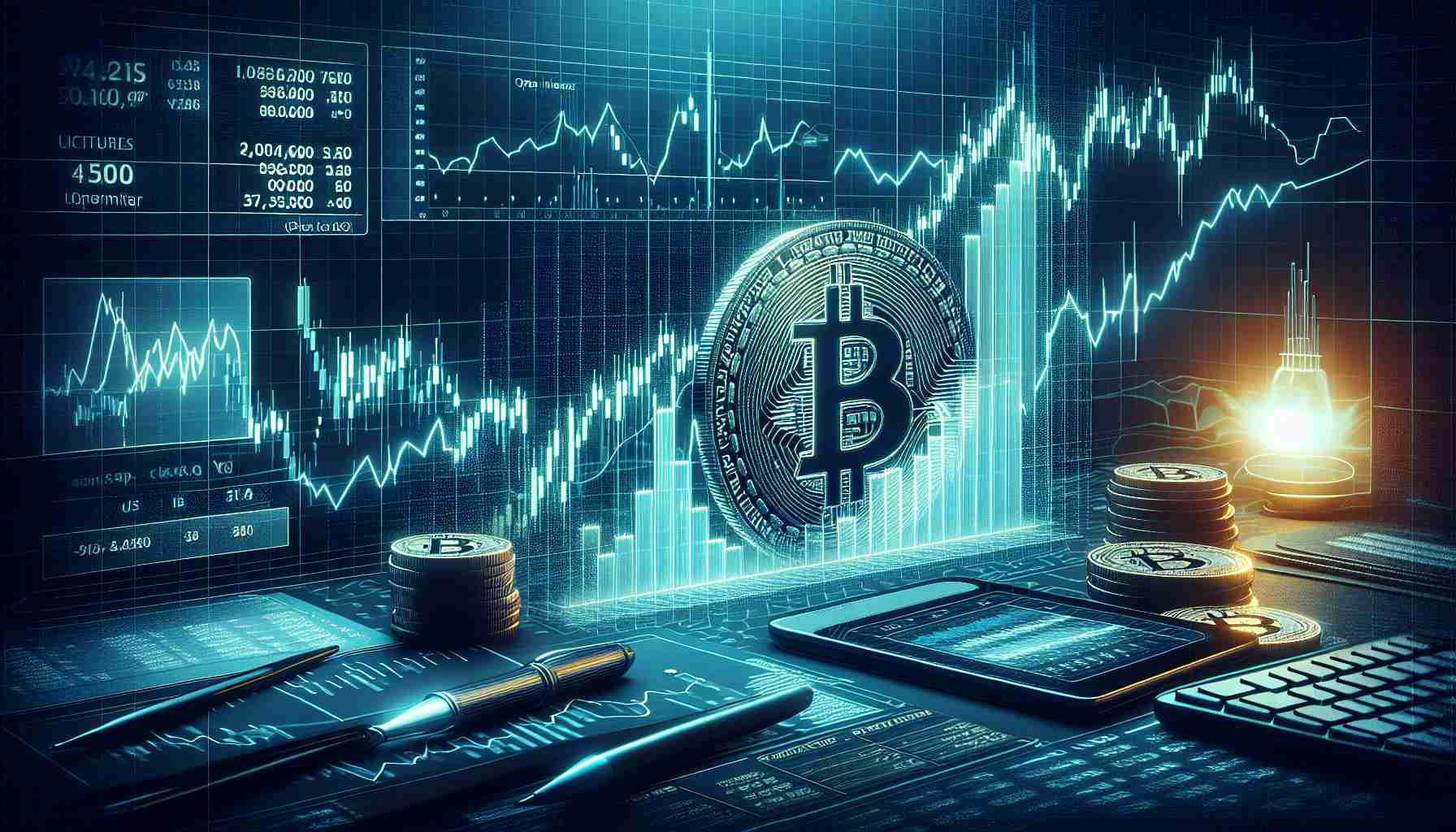 Generate a realistic, high-definition image of a financial chart showing a significant surge in open interest for a generic cryptocurrency. The display should also reflect a positive price movement, with increasing graph lines and figures.