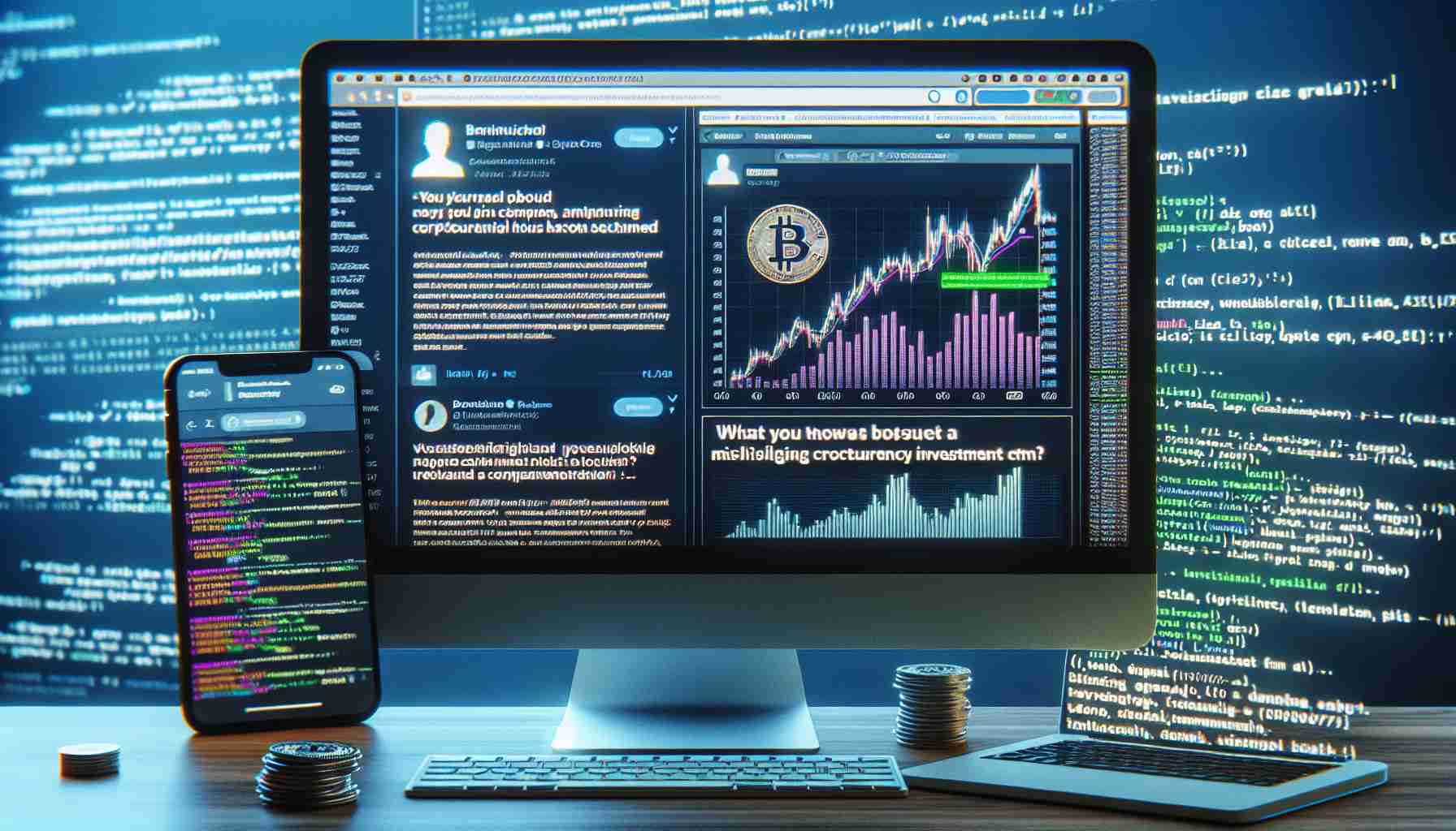 Highly detailed image of a computer screen displaying a fictitious social media account that has been compromised. The screen shows the hacker posting about a misleading cryptocurrency investment scheme. The post includes various artfully fabricated charts and statistics promising unrealistically high returns. The background subtly hints at the hacker's digital workspace, showcasing code snippets and a chaotic jumble of open applications and tabs.