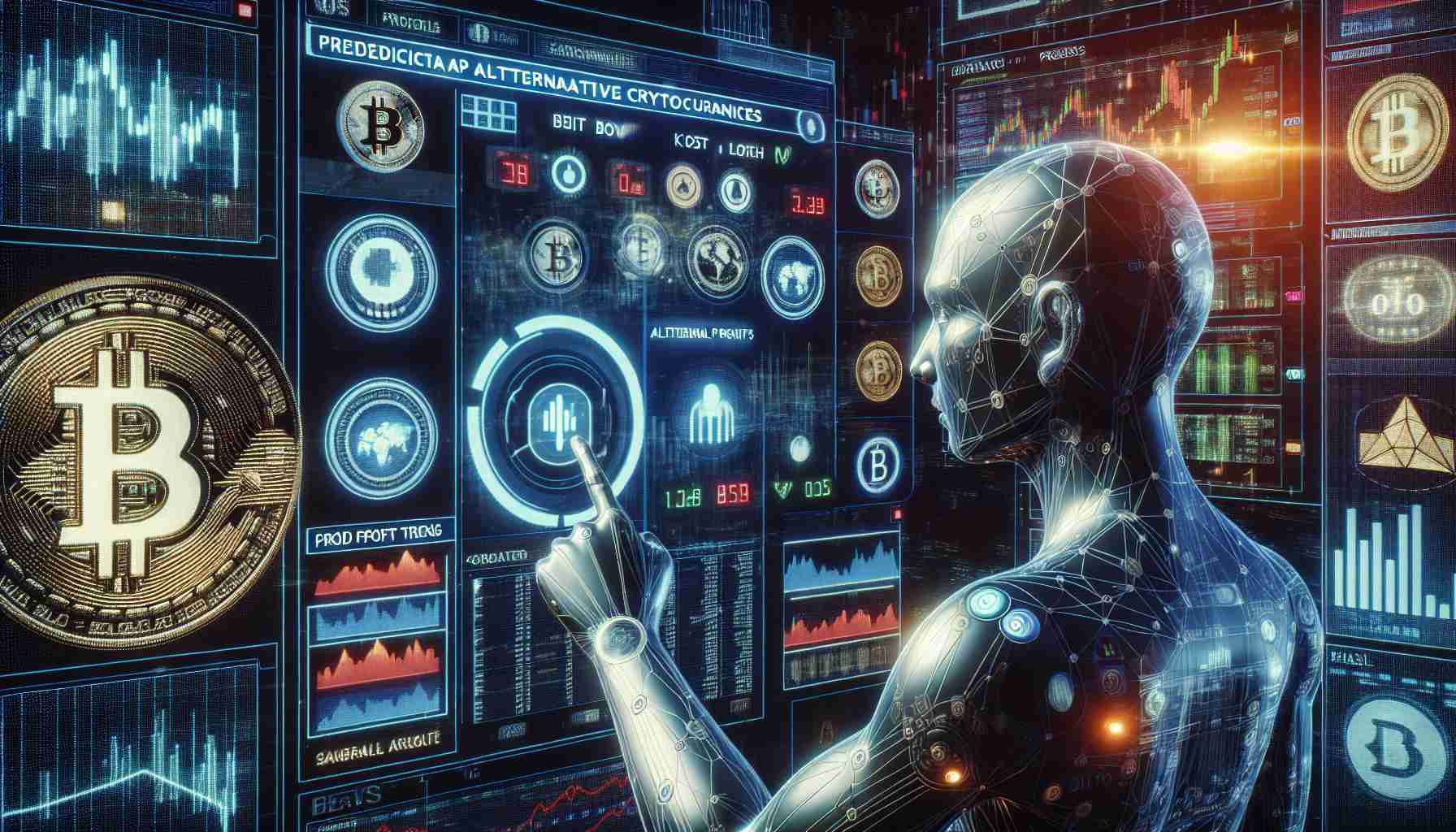 A crisp, high-definition image showcasing a visual representation of 'BitBoy' predicting top alternative cryptocurrencies for substantial gains. The scene includes 'BitBoy', depicted as a humanoid figure with digital features, engaging with an immersive interface full of data. The backdrop of the image hints at the diverse world of cryptocurrencies, featuring graphical representations of various alternative coins and potential profit trends. Please avoid any copyrighted logos, characters or elements.