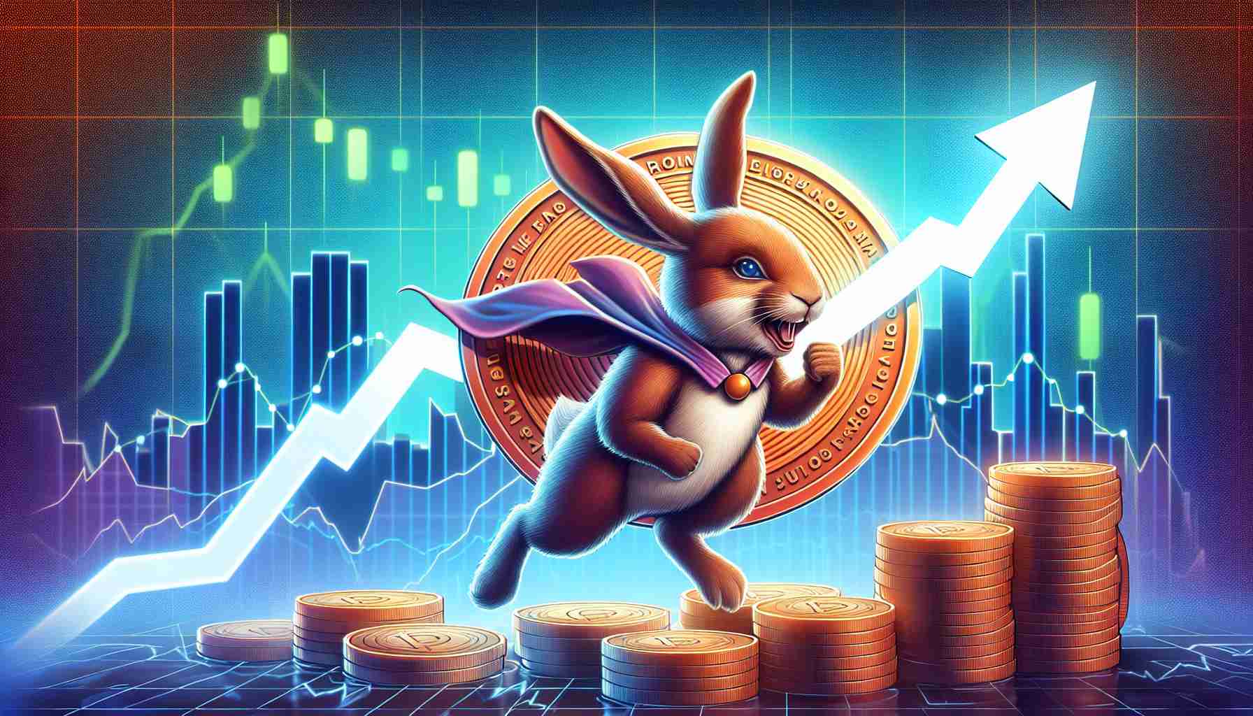 Create a realistic high definition image representing the concept of a new, emerging meme token, possibly symbolized by a rabbit due to the name 'Raboo'. Illustrate its strong presale performance by depicting a significant upswing on the graph in the backdrop, outshining older, established tokens.