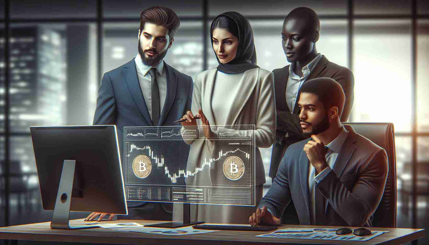 Realistic HD image depicting a diverse group of financial advisors. In the scene are three individuals - a Middle-Eastern woman, a South Asian man, and a Black man - in a modern office setting, examining the performance of a Bitcoin ETF on their computer screens. Their expressions and body language should communicate a sense of caution and careful analysis. On the screens, graphs and charts indicate the success of the Bitcoin ETF.