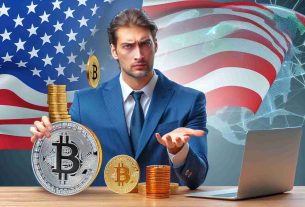 Realistic HD image of a businessman advocating for American dominance in Bitcoin Mining