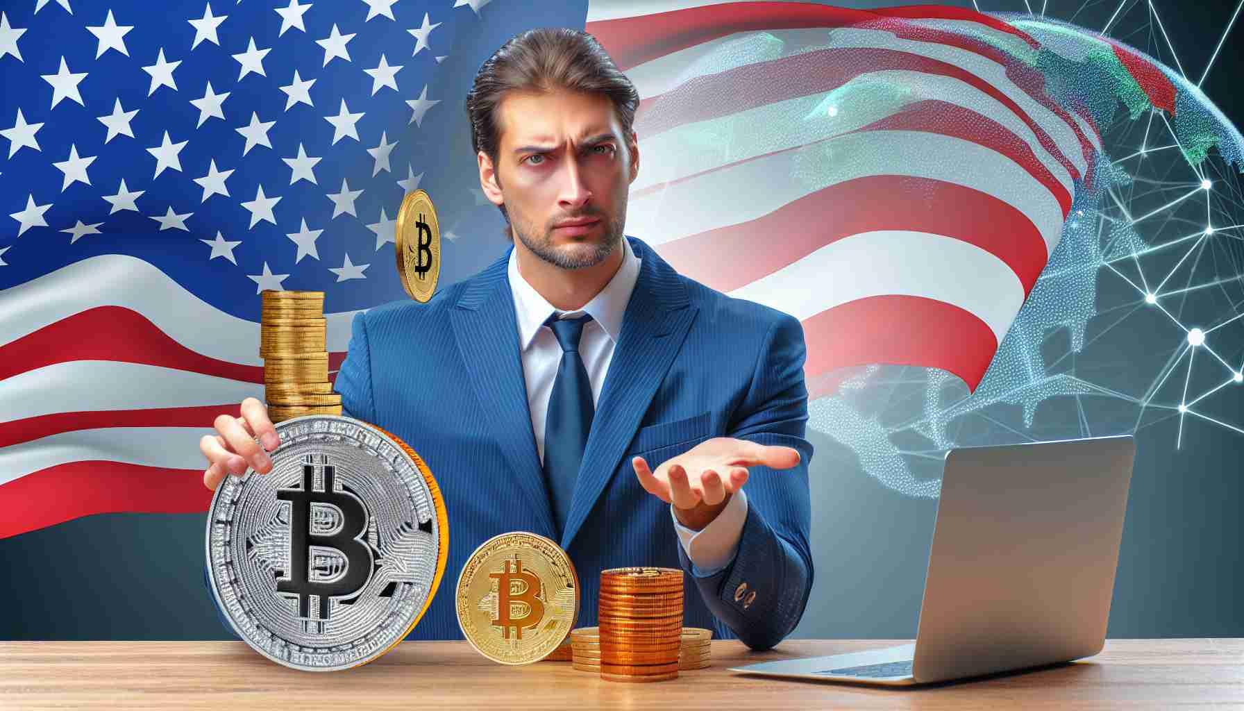 Realistic HD image of a businessman advocating for American dominance in Bitcoin Mining