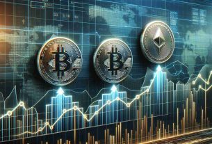 Create a high-definition, realistic image showcasing three digital cryptocurrencies, represented by their respective symbols, on an upward-moving graph to illustrate their potential positive trend according to market intelligence. Each coin has a distinct look and is situated on a segment of the graph to indicate its rise. The graph is against a backdrop of a dynamic digital interface that suggests data analysis and market information.