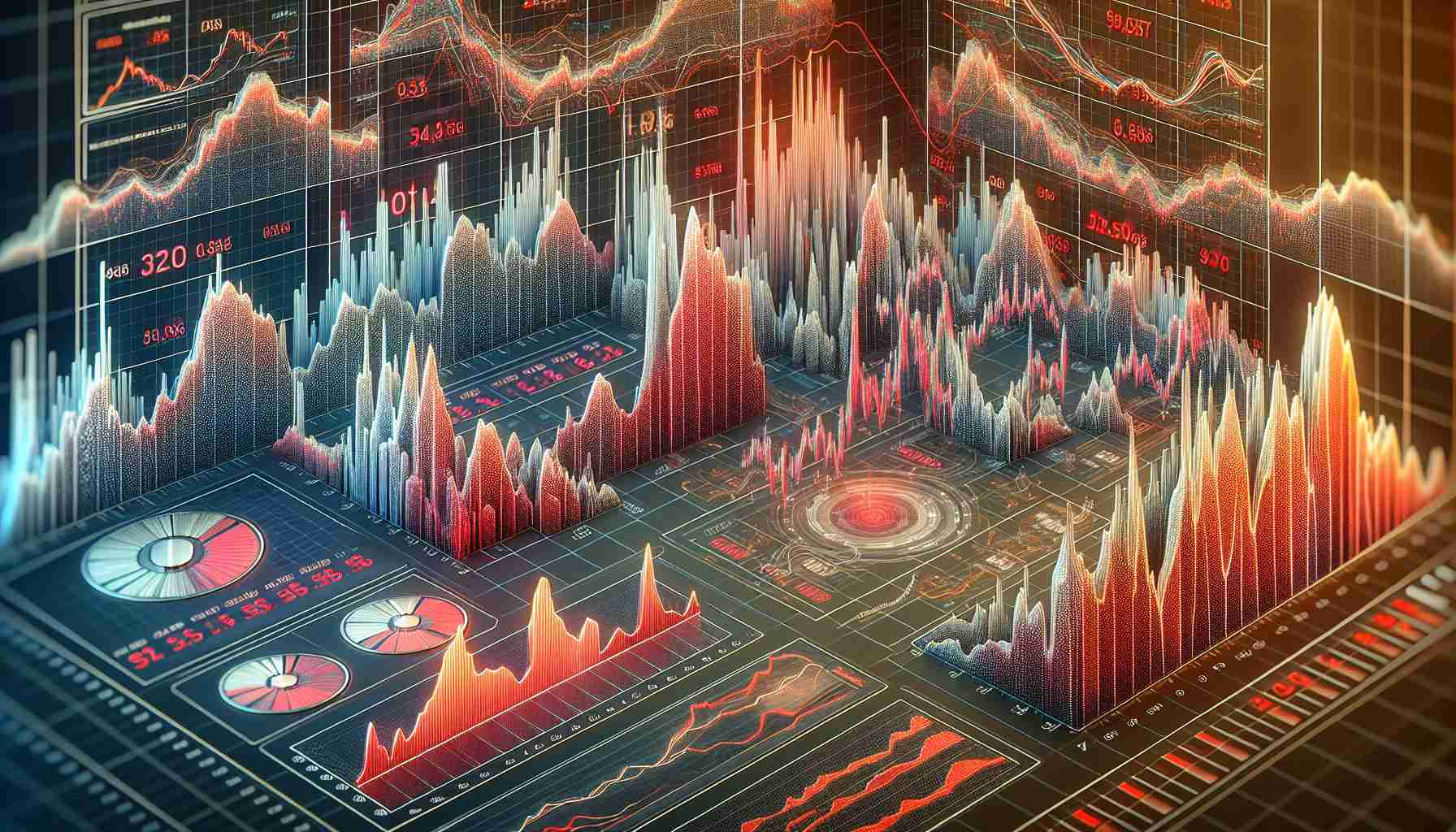 A detailed visualization of a tumultuous cryptocurrency market. Illustrated are numerous graphs depicting sudden peaks and steep dips indicative of volatile price movements. Statistical data are displayed alongside, showing in red overblown liquidations. The graphics should possess a high-resolution, photorealistic quality.