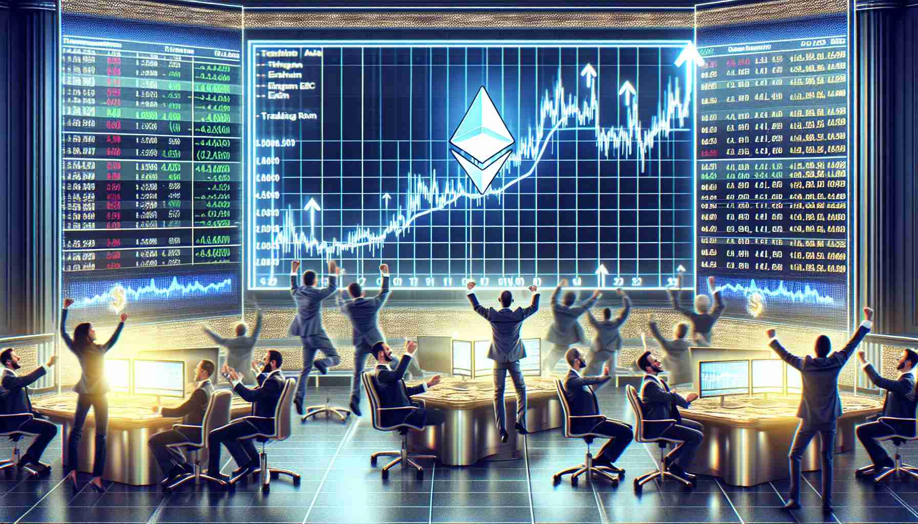 A high-definition, realistic image displaying the concept of rising optimism in the Ethereum market despite price stagnation. This scene could include a bullish stock chart with Ethereum symbols, and jubilant traders engaging in buying activity, their faces reflecting confidence and anticipation, and the trading room abuzz with buzzing energy. The aesthetics of the room could indicate a modern, digital trading room with screens displaying various cryptocurrency graphs. Since there are no human descriptions, no one is depicted in the image.