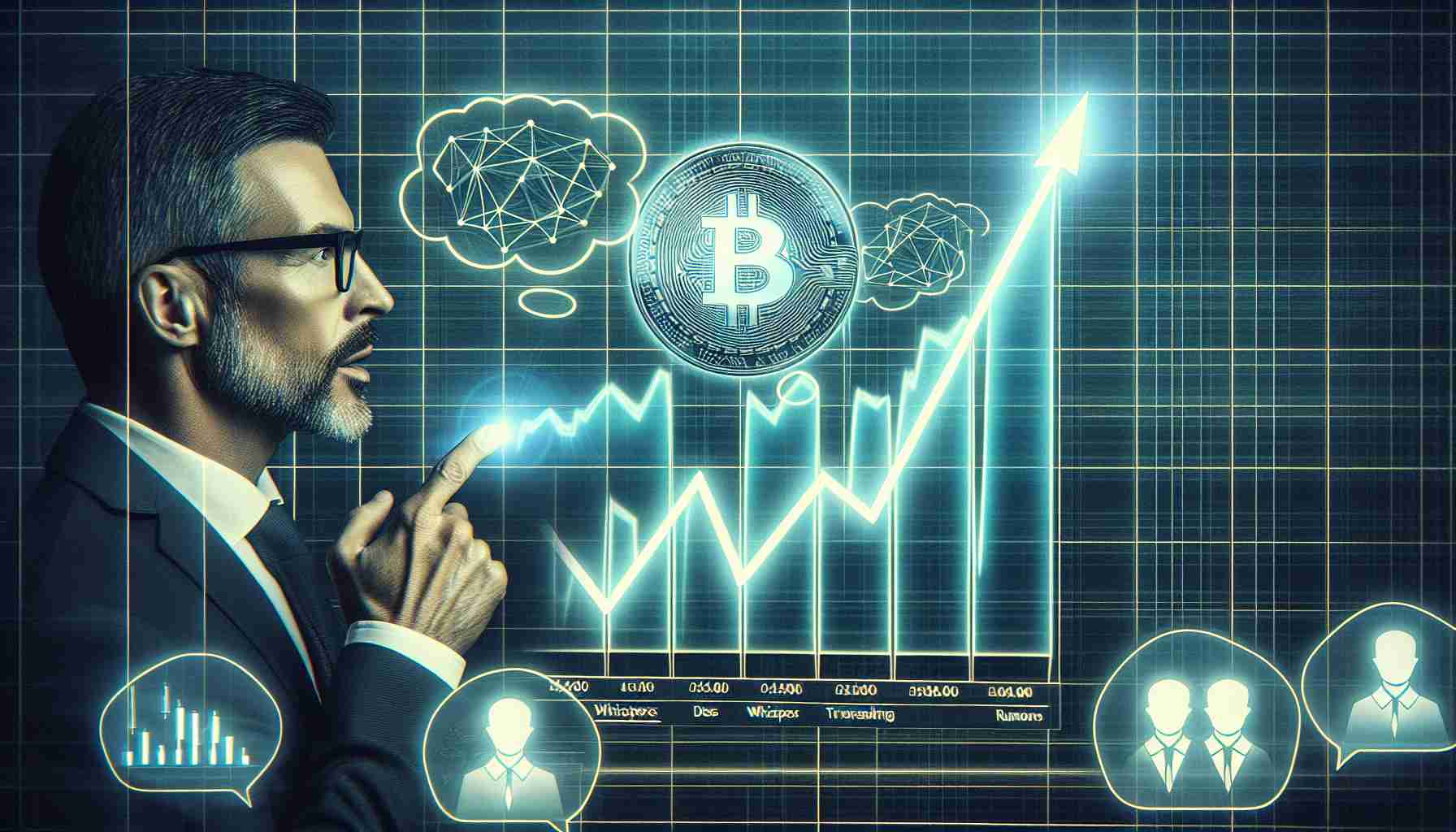 Generate an image showing a sharp increase in trading activity for a fictional Solana-based token, represented as a line graph on a digital interface. The graph should prominently display the token's symbol, while there should be whispers and thought bubbles indicating rumors about it. Ensure this image is in high definition and presented in a realistic manner.