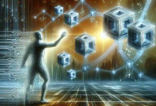 A detailed, high-definition digital painting that depicts the concept of Embracing the Future with Layer-2 Blockchain Innovations. Illustrate an abstract image that shows a humanoid figure reaching towards a futuristic blockchain system represented by interconnecting nodes. Make the nodes resemble cubes with binary codes etched onto them, hovering over a digital landscape. The humanoid figure can be creatively fashioned from lines representing data streams, symbolizing the merging of humanity and technology. Include symbols associated with upgrade or evolution to signify the Layer-2 improvement. The overall tone should be optimistic and futuristic.