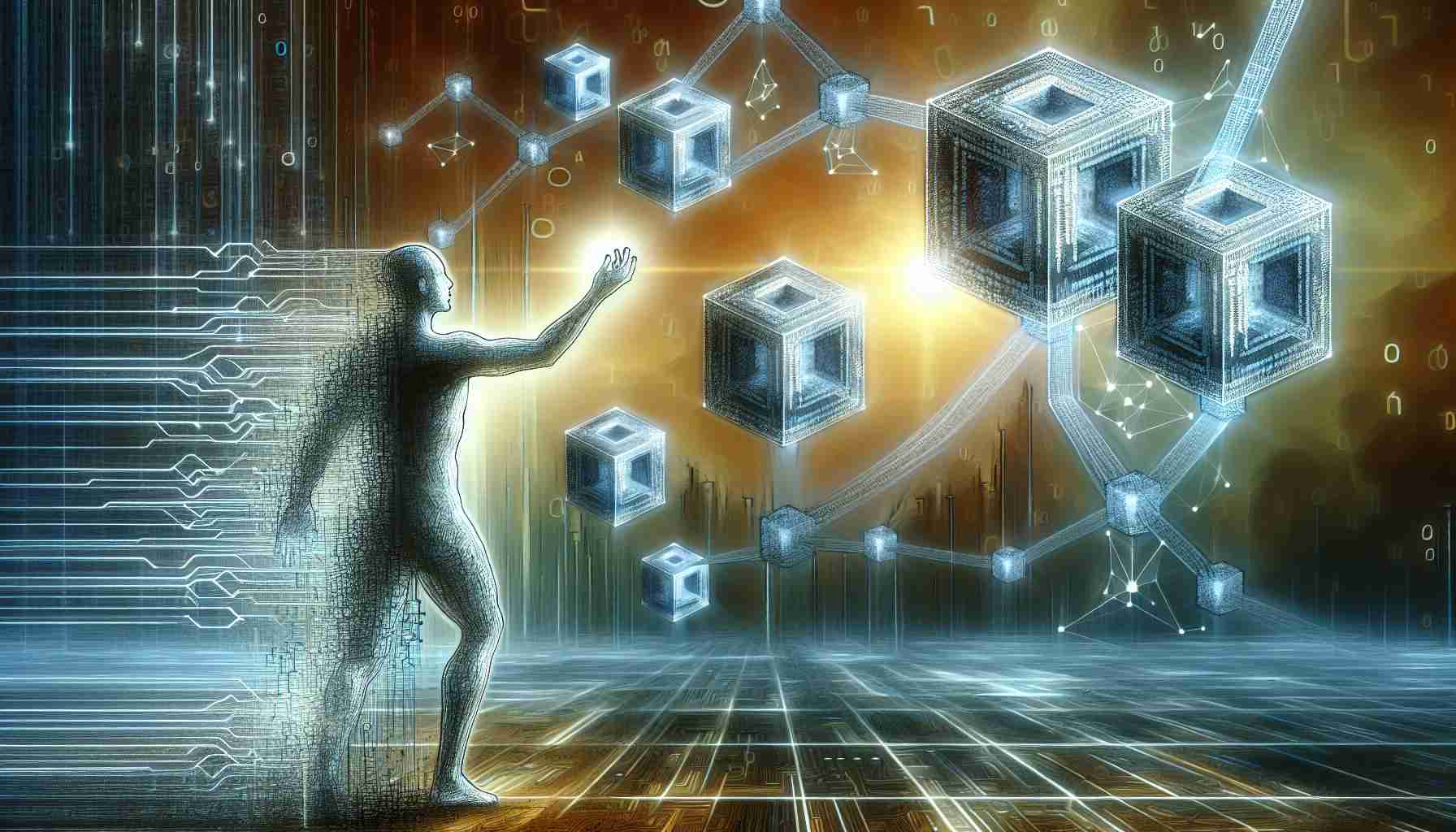 A detailed, high-definition digital painting that depicts the concept of Embracing the Future with Layer-2 Blockchain Innovations. Illustrate an abstract image that shows a humanoid figure reaching towards a futuristic blockchain system represented by interconnecting nodes. Make the nodes resemble cubes with binary codes etched onto them, hovering over a digital landscape. The humanoid figure can be creatively fashioned from lines representing data streams, symbolizing the merging of humanity and technology. Include symbols associated with upgrade or evolution to signify the Layer-2 improvement. The overall tone should be optimistic and futuristic.