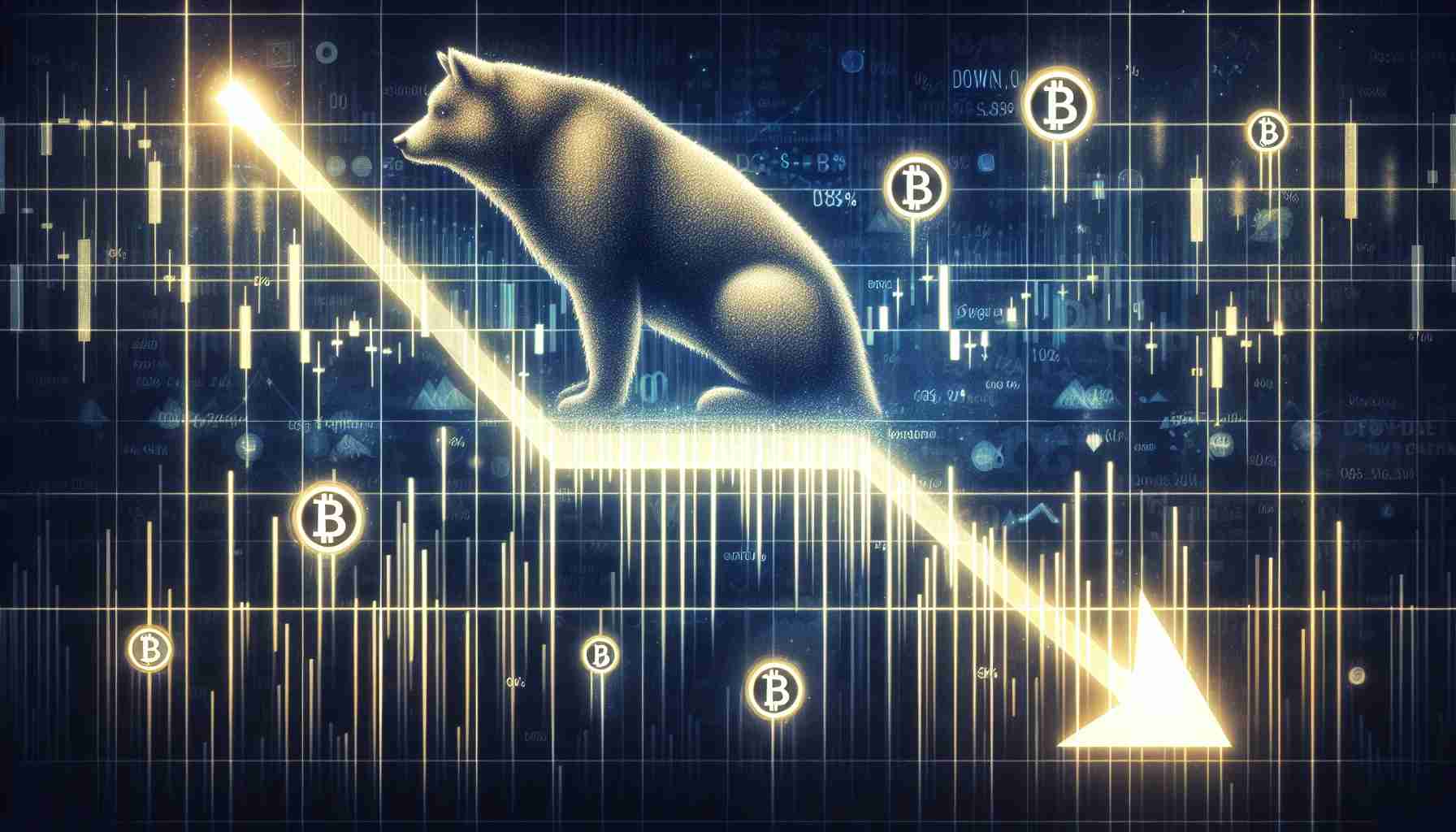 Generate a realistic, high-definition illustration that depicts the concept of 'Dogecoin'. The image should express bearish signals, suggesting a downfall in value, but there should also be glimmers of hope, indicating potential for recovery. Use symbols such as bar charts or line graphs pointing downwards, with faint light at the end, to represent these economic concepts.