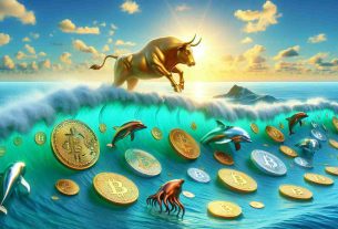 A high-definition, photo-realistic rendering of a conceptual marketplace representing the fluctuation of Bitcoin and altcoins. In the scene, Bitcoin should be personified as a powerful, dynamic golden bull, running on a expansive beach under a brilliant, sunny blue sky. Altcoins, represented by silver, bronze, and copper sea creatures of various sizes (like dolphins, octopuses, and sharks), emerge from the teal ocean's waves. The height of the waves symbolizes the value of the coins: higher waves mean a higher value. All these elements combine to form a vibrant metaphorical depiction of the dynamic crypto market.