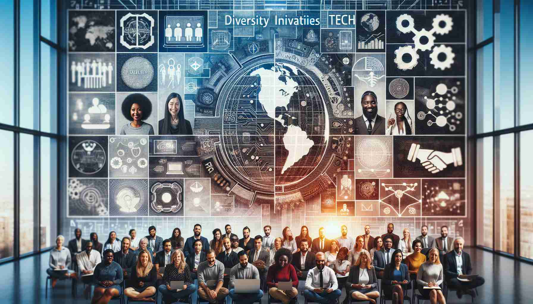 A high-definition photo depicting the evolving perspective on diversity initiatives in the tech sector. Show a collage of images that symbolise this shift - include people from diverse backgrounds working together in a tech-based environment, logos of initiatives promoting diversity in tech, scenes from tech conventions or seminars with a focus on diversity. Each individual shown should represent different descents such as African, Asian, Hispanic, Caucasian, Middle-Eastern and Aboriginal, and a balanced mix of genders. Reflections of cultural inclusivity and collaboration should be prominent.