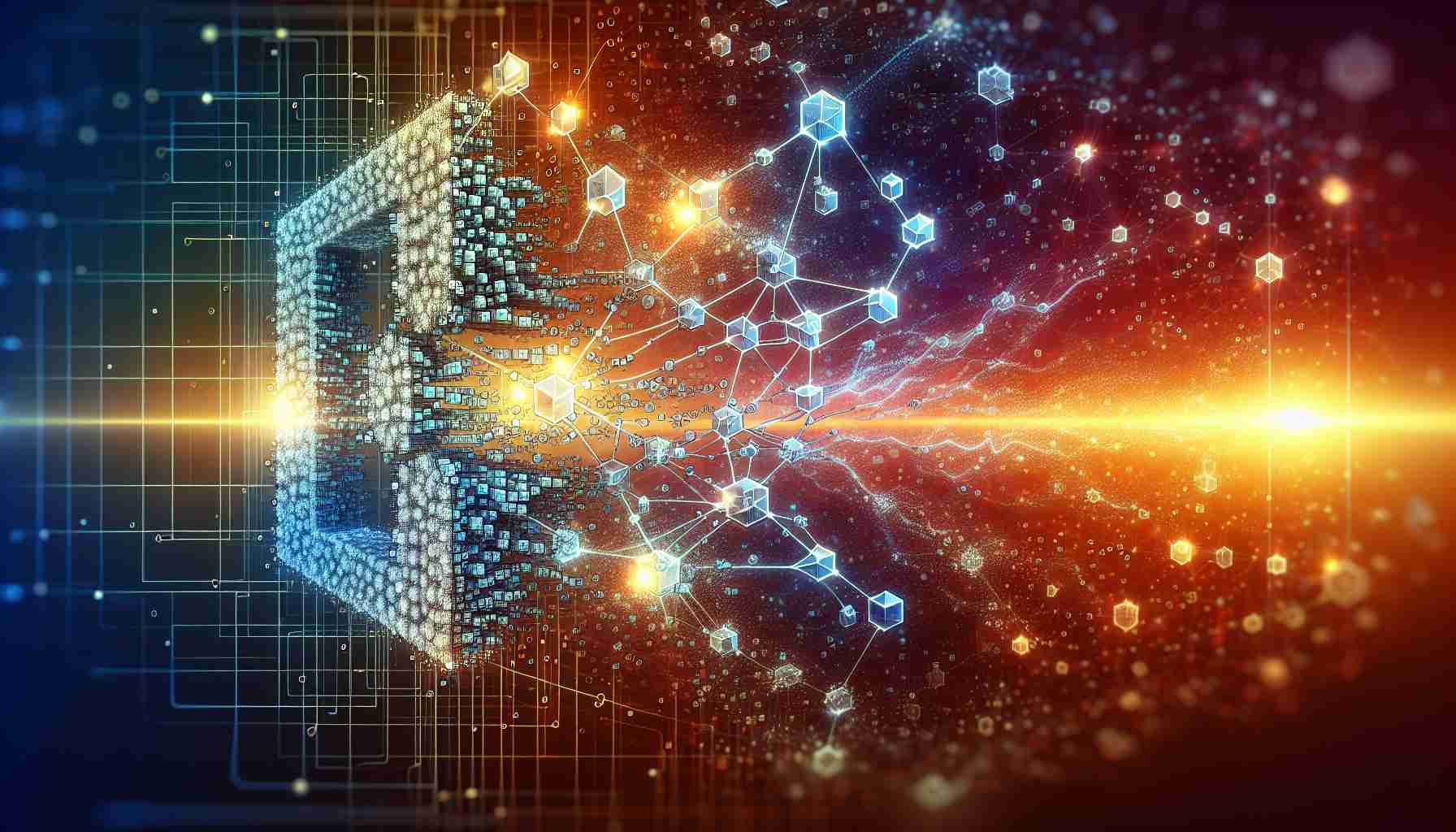 Generate a high definition, realistic image that represents the development release 53 of BlockDAG's blockchain explorer. This image should symbolize a significant evolution or revolution in its design and operation, maybe via the depiction of an abstract block-chain structure transforming into an advanced, intricate network. It might incorporate elements such as computational nodes, data blocks, advanced algorithms, or network connections that visually represent a complex, cutting-edge technology.