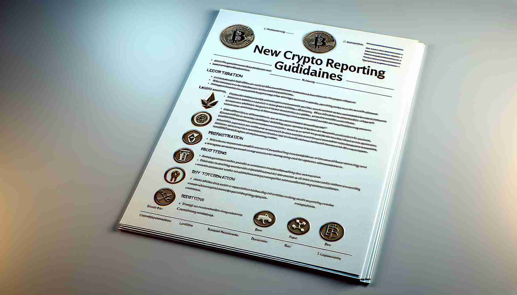 A high-definition, realistic image of a fictitious document titled 'New Crypto Reporting Guidelines'. The document should look official, featuring elements commonly found on such papers, like logos, headers, footers, and body text. Preferable additions are legal terminology and subtopics related to cryptocurrency and broker regulation. Please note, this is a representation and should not include specific real logos or real people.